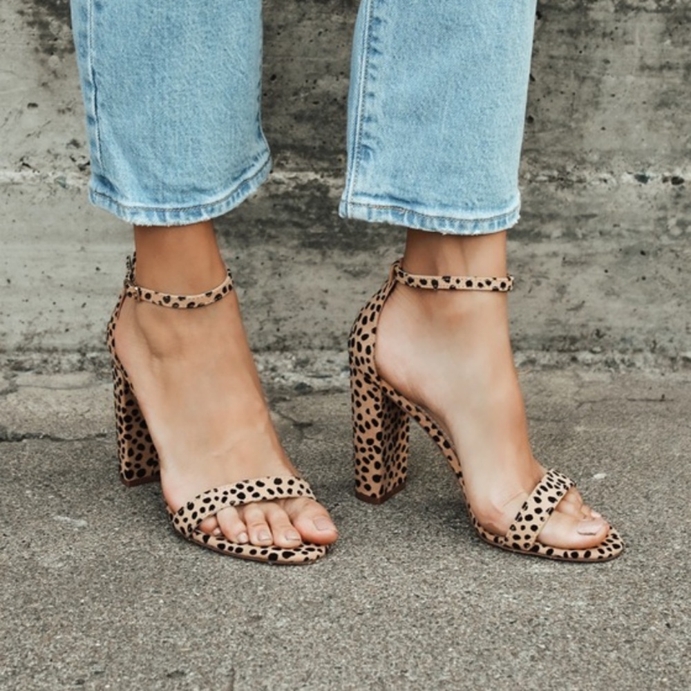 Lulus Taylor Cheetah Ankle Strap Heels, size 8
